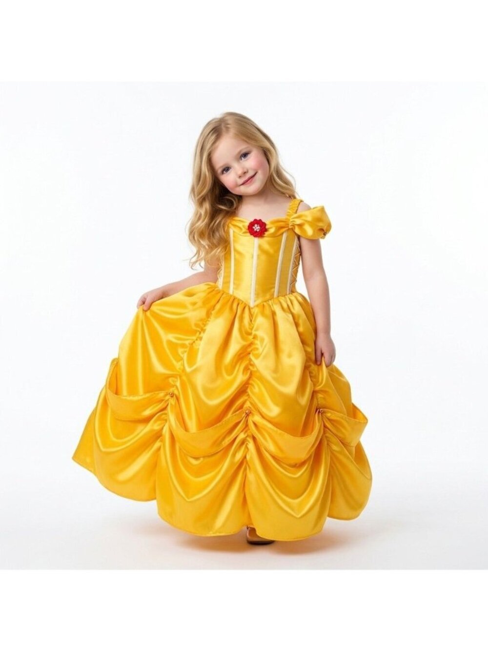 Girls Belle Princess Costume Dress Golden Yellow Satin Birthday Party